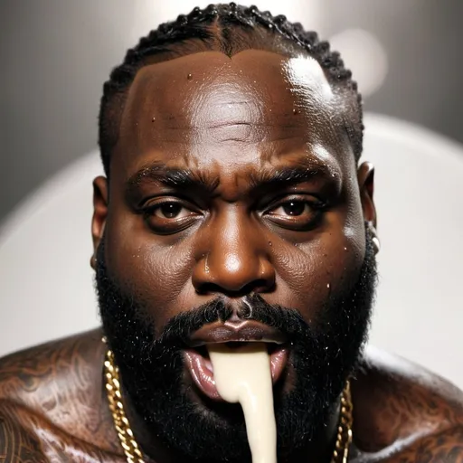 Prompt: rick ross with wet cream coming out from mouth, sensual look in the eyes