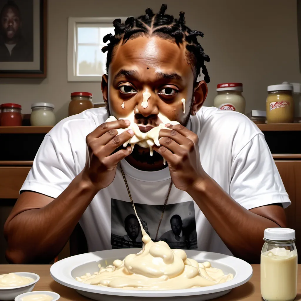 Prompt: A realistic digital painting of Kendrick Lamar sitting at a table, eating an excessive amount of white mayonnaise. His face is completely covered in mayo, with thick globs dripping from his mouth and smeared across his cheeks, chin, and even his hands. The table in front of him is littered with open mayonnaise jars, some tipped over, spilling their contents. His expression is intense—half enjoyment, half deep contemplation—as if he is lost in the act. The scene has an almost surreal quality, with the mayonnaise spread so excessively that it resembles a bizarre, safe-for-work parody of an adult film. The lighting is soft and cinematic, emphasizing the glossy texture of the mayo. The background is slightly blurred, keeping the focus on Kendrick and the messy, chaotic spectacle in front of him."