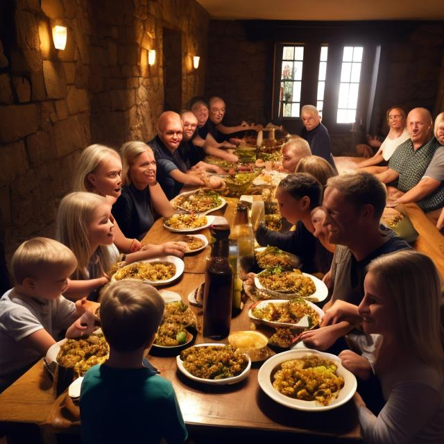 Prompt: large family meal where everyone is eating fantastic very dark poop