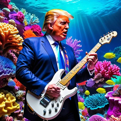 Prompt: Donald Trump playing electric guitar on a colorful coral reef, vibrant and multichromatic lighting, high quality, digital art, surreal, vibrant colors, detailed facial expression, professional art, neon lighting, marine fantasy, detailed coral, tropical atmosphere