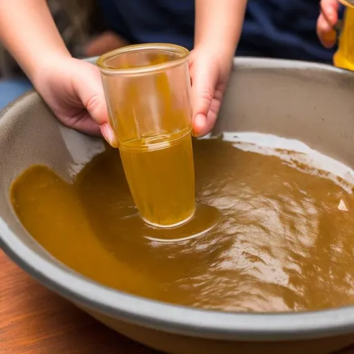 Prompt: dipping poop in delicious pee at the table
