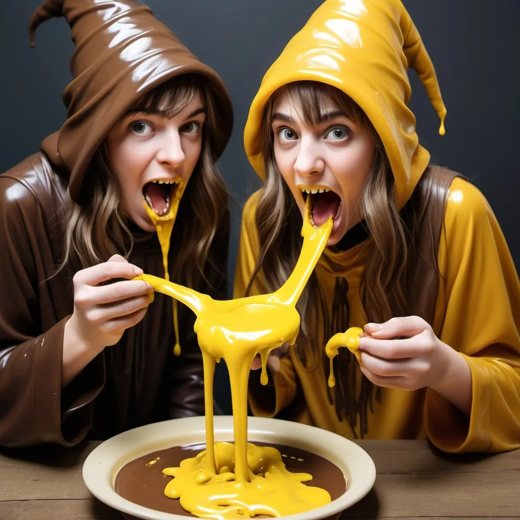 Prompt: eating yellow and brown slime, mouthful of slime 
dripping, wizards, people over the age of 25