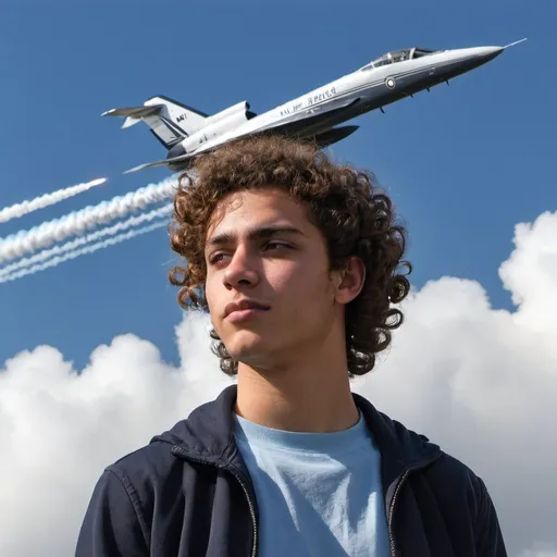 Prompt: A young man with curly hair in the foreground, a sky in the background and a passing jet behind it and a long trail of the jet