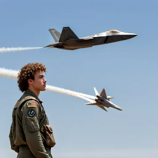 Prompt: A young man with curly hair in the foreground, a sky in the background and a passing army jet like f22 behind it and a long trail of the jet, jet away from man 