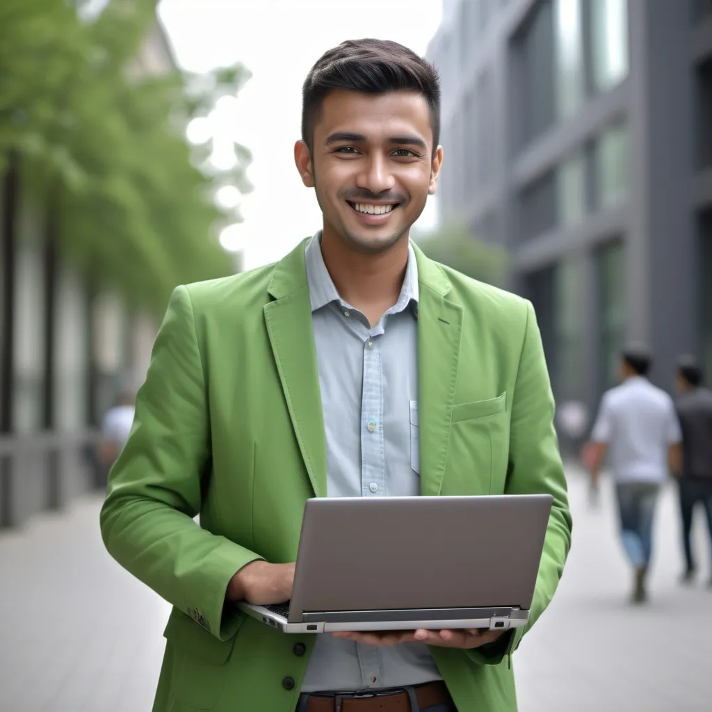 Prompt: Create image a medium shot phothography of 25th employee men wearing a greeen blazzer bringing the laptop. Gentle face and smile expression. Take from font angle and shot on Canon 1D with detail and dynamic range. 4K Resolution.