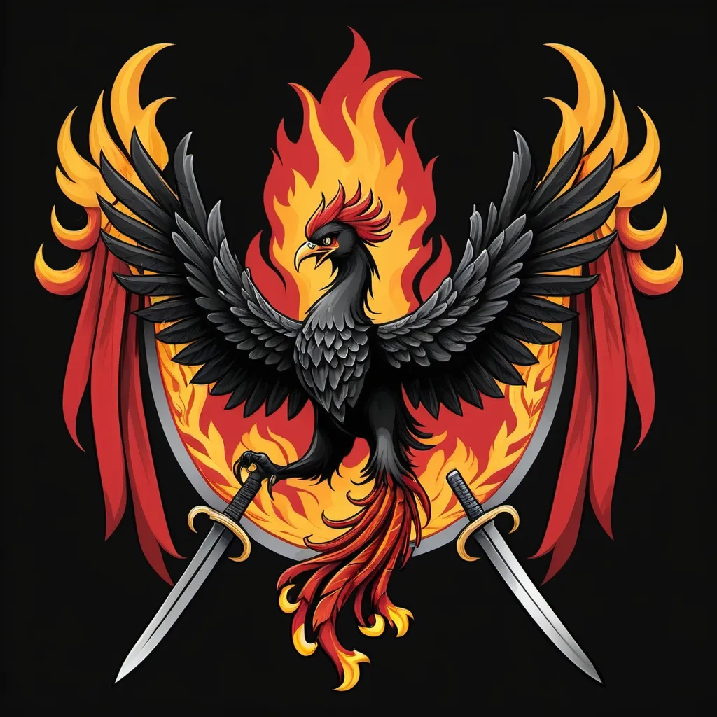 Prompt: A flag with a national symbol of a phenix and two flaming swords and with a black to red background