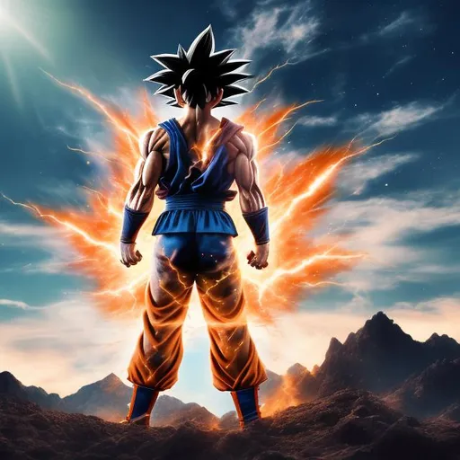 Prompt: photo realistic image of goku, centered in frame, view from behind, watching the sky, ideal human, 85mm lens, f8, photography, ultra details, natural light, light background, photo, Studio lighting