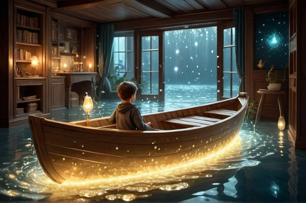 Prompt: A magical apartment interior filled with shimmering, like water liquid light. Two children are joyfully navigating the room in a small rowboat, which floats atop the glowing, golden-silver light. 