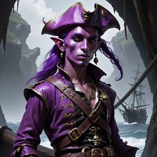 Prompt: A surreal purple-skinned elf pirate, dark fantasy art --ar 2:3