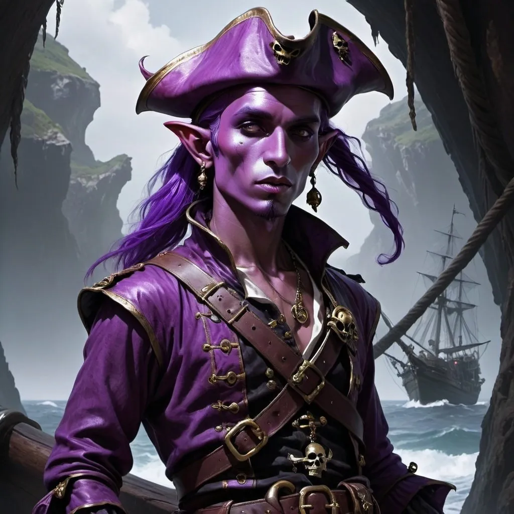 Prompt: A surreal purple-skinned elf pirate, dark fantasy art --ar 2:3