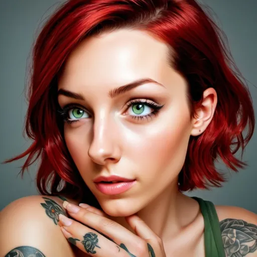 Prompt: a woman with red hair and green eyes is posing for a picture with a tattoo on her arm and chest, Artgerm, photorealism, highly detailed digital painting, a photorealistic painting, full length photography 