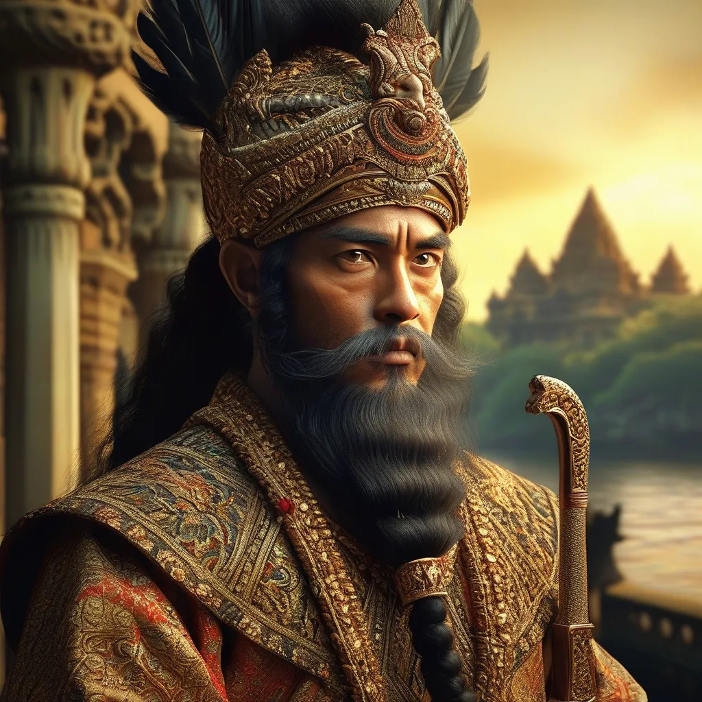 Prompt: A dramatic portrait of Arya Penangsang, the legendary 16th century Javanese nobleman and ruler of Jipang. He appears as a fierce warrior with traditional Javanese royal attire from the 1500s, wearing a decorated headpiece (blangkon) and royal batik patterns. He has a strong, determined facial expression with piercing eyes and a well-groomed mustache. In one hand he holds the legendary keris (dagger) called Setan Kober. Behind him is his famous black horse, Gagak Rimang. The background shows elements of ancient Javanese palace architecture and the Bengawan Solo river. The lighting is dramatic with golden sunset hues creating a heroic atmosphere. The style combines historical accuracy with slightly stylized Indonesian traditional art elements. 8k resolution, highly detailed, cinematic lighting.