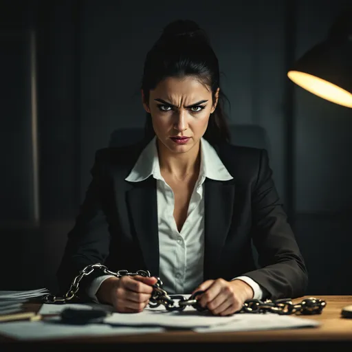 Prompt: Image of a professional woman at her desk with a ball and chain around her ankle.  Make her look stressed.

