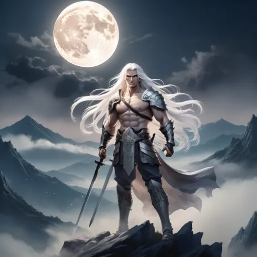 Prompt: Classic warrior with long white hair standing over a high mountain under big moon manga style