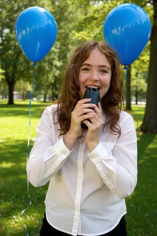 Prompt: "A 13-year-old red-haired girl outdoors on a sunny day, joyfully blowing up a dark blue balloon. She holds the balloon opening in her mouth, showing a natural, happy expression with wide, open eyes full of excitement and concentration. Lush greenery surrounds her, creating a fresh and cheerful outdoor atmosphere. Soft, natural lighting highlights her hair, the balloon, and the vibrant surroundings. The composition captures both the girl and the balloon clearly, emphasizing the playful and joyful moment of inflating the balloon.