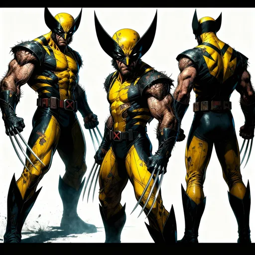 Prompt: Make Character sheet with full body front, side and back of subject provided in pictures.
Keep same artistic stile as @storm for consistence. 
Make sure character has three metal claws between knuckles on each hand as pictured.