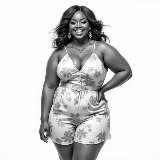 Prompt: A high-contrast, grayscale digital realistic portrait of a beautiful heavy set Black woman. She has light skin. Her hair is light and shoulder length. Her expression is laughing and smiling, with full lips, high cheekbones, and detailed, expressive eyes. She wears glamorous earrings and a delicate necklace. She wears a flowery romper. She is standing and posing. The style is hyper-stylized and fashion-forward, similar to ink sketch or pencil drawing with soft gradients and sharp line work. White background. A clean composition, suitable for editorial or beauty-focused fashion art.