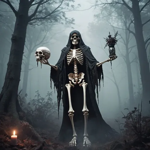 Prompt: a necromancer possessing
 a skeleton in a dark misty forest.
