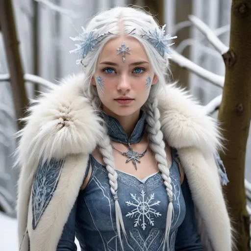 Prompt: Tall and sturdy, with silver skin marked by blue veins, the Kauri of the Snow inhabit the cold regions of Elderia. Their white or silver hair, often braided with ice crystals, and icy blue eyes reflect their connection to the eternal cold. Dressed in heavy furs and decorated with tattoos representing snowflakes and glaciers, they embody the majesty of the snowy lands.