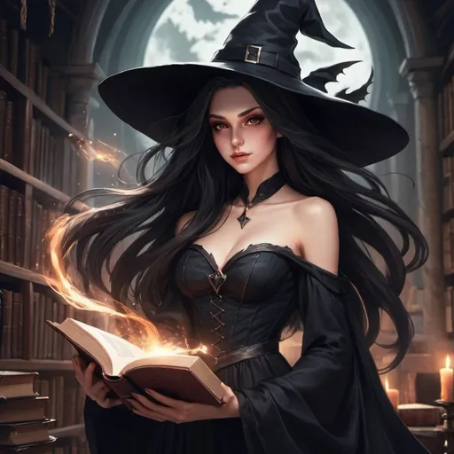 Prompt: WITCH WOMEN LONG LONG HAIR PRETTY FACE LONG HOT DRESS BLACK DETAILS FACE IN FANTASY BIG WONDER LIABRY BOOKS FLYING SHE HAVE POWER EVIL BOOK LIBRY ANIME DUNAMIC FANTASY 8K LIBRY WITCH NECLLESS REDING BIG POWER FANTASY CASTHE BOOK HIAIR WITHOUT HAT