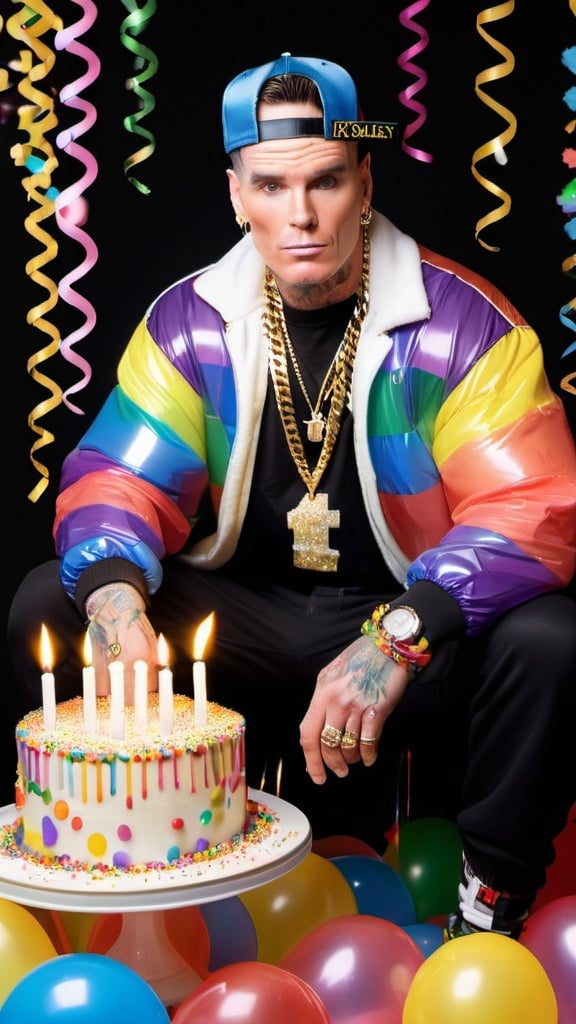 Prompt: "Vanilla Ice"  dressed in one of his   1990's outfits and big gold chains, black background brightly lit up by candles on a rainbow sprinkled luxury birthday cake sitting on a table covered with confetti, and transparent realistic colorful balloons and streamers fill the the background and ceiling, and 