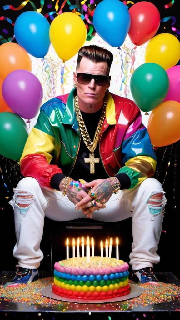 Prompt: "Vanilla Ice"  dressed in one of his   1990's outfits and big gold chains, black background brightly lit up by candles on a rainbow sprinkled luxury birthday cake sitting on a table covered with confetti, and transparent realistic colorful balloons and streamers fill the the background and ceiling, and 