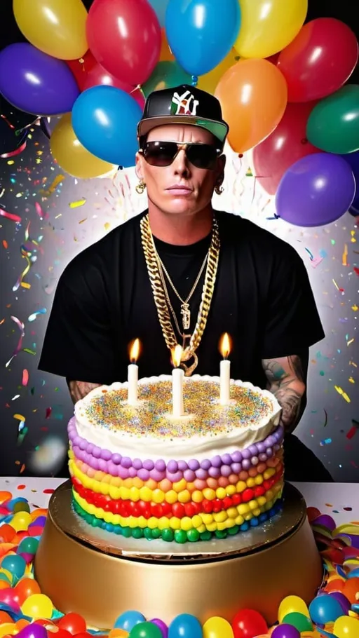 Prompt: "Vanilla Ice"  dressed in one of his   1990's outfits and big gold chains, black background brightly lit up by candles on a rainbow sprinkled luxury birthday cake sitting on a table covered with confetti, and transparent realistic colorful balloons and streamers fill the the background and ceiling, and 