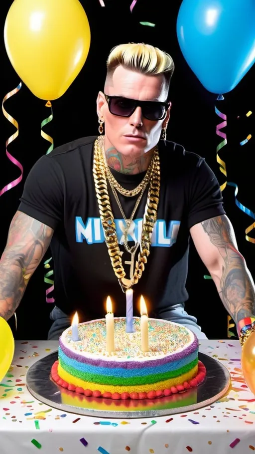 Prompt: "Vanilla Ice"  dressed in one of his   1990's outfits and big gold chains, black background brightly lit up by candles on a rainbow sprinkled luxury birthday cake sitting on a table covered with confetti, and transparent realistic colorful balloons and streamers fill the the background and ceiling, and 