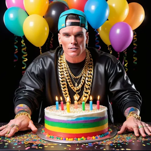 Prompt: "Vanilla Ice"  dressed in one of his   1990's outfits and big gold chains, black background brightly lit up by candles on a rainbow sprinkled luxury birthday cake sitting on a table covered with confetti, and transparent realistic colorful balloons and streamers fill the the background and ceiling, and 