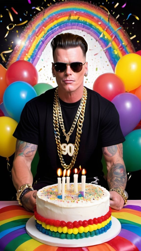 Prompt: "Vanilla Ice"  dressed in one of his   1990's outfits and big gold chains, black background brightly lit up by candles on a rainbow sprinkled luxury birthday cake sitting on a table covered with confetti, and transparent realistic colorful balloons and streamers fill the the background and ceiling, and 