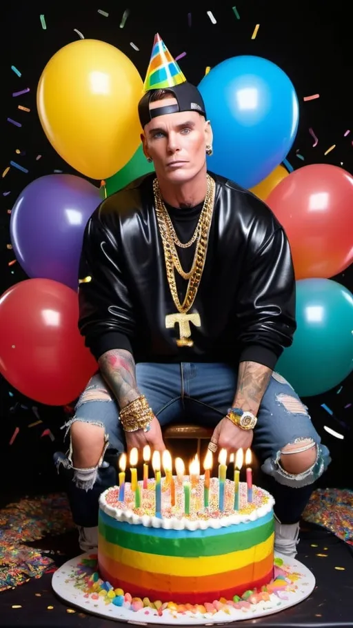 Prompt: "Vanilla Ice"  dressed in one of his   1990's outfits and big gold chains, black background brightly lit up by candles on a rainbow sprinkled luxury birthday cake sitting on a table covered with confetti, and transparent realistic colorful balloons and streamers fill the the background and ceiling, and 