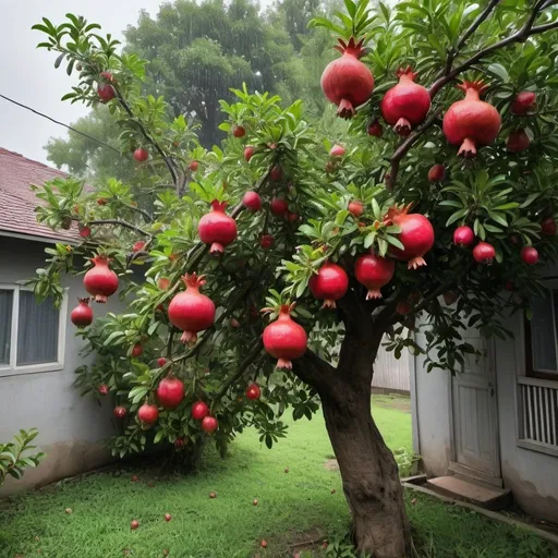 Prompt: A pomegranate tree full of fruit, lush green with red of fruit.  Branches hanging down due to weight of fruit. Swinging in rain on the backyard of a nostalgic childhood house. 