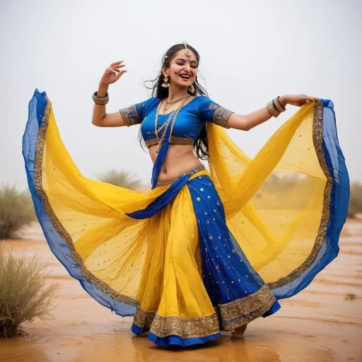 Prompt: A beautiful rajhistani female dancer in traditional yellow and blue ghaghra choli is dancing joyfully in desert rain