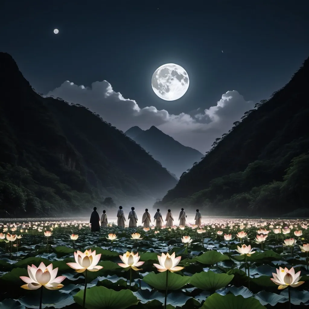 Prompt: It's a dark terrain, huge mountains silhouette against moonlight. But the moon is not visible  it's a river valley and a long line of people is heading towards the lotus flower which is as huge as a mountain but it's at a distance. That lotus flower is glowing like a man on. All people are wearing white pilgrimage dress