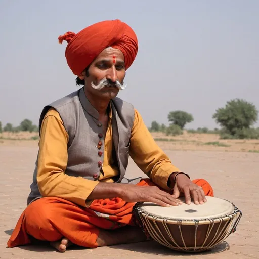 Prompt: A rajhistani man sitting on open desert playing tabla instrument. He is wearing traditional rajhistani dress with hude red orange turban. His complexion is dark and  his face is weather borne but handsome he is in his 50's. He has huge black mustaches with hint of grey. He is playing with eyes closed and rain starts to fall on a hot summer day. An attractive rajhistani female dancer with traditional dress is dancing with joy 