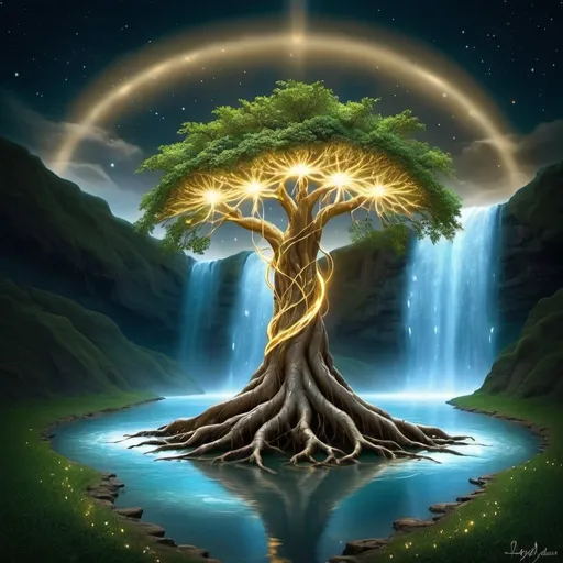 Prompt: Lote tree on the edge of created realm it's leaves shining with celestial lights two River flowing from it's roots and entering heaven 
