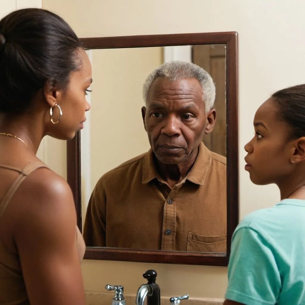 Prompt: younger african american looking into an older person in a mirror