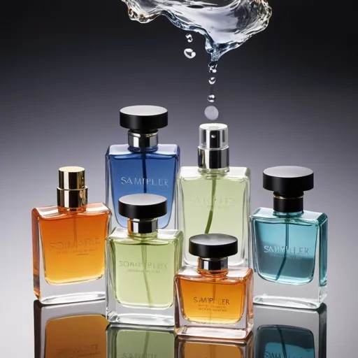 Prompt: mailing image for promoting small perfume samplers, including water reflections, humidity, coziness 