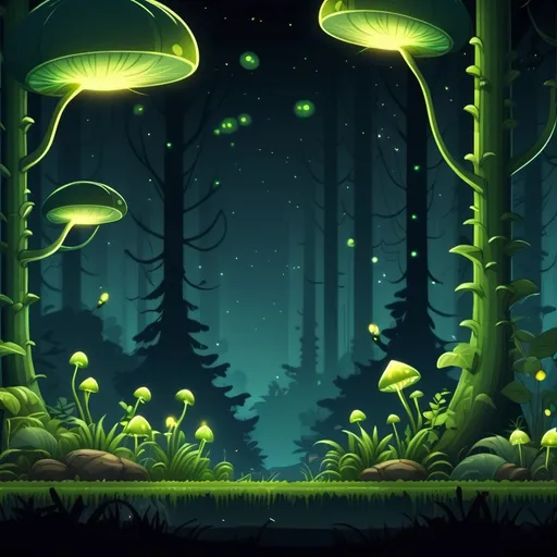 Prompt: parallax background 2d infinite background sprites,forest at night, trees, fireflies, carnivore glowing plants, glowing, game sprite, scrolling, landscape, 16:9, continuous, nothing blocking the left or right side