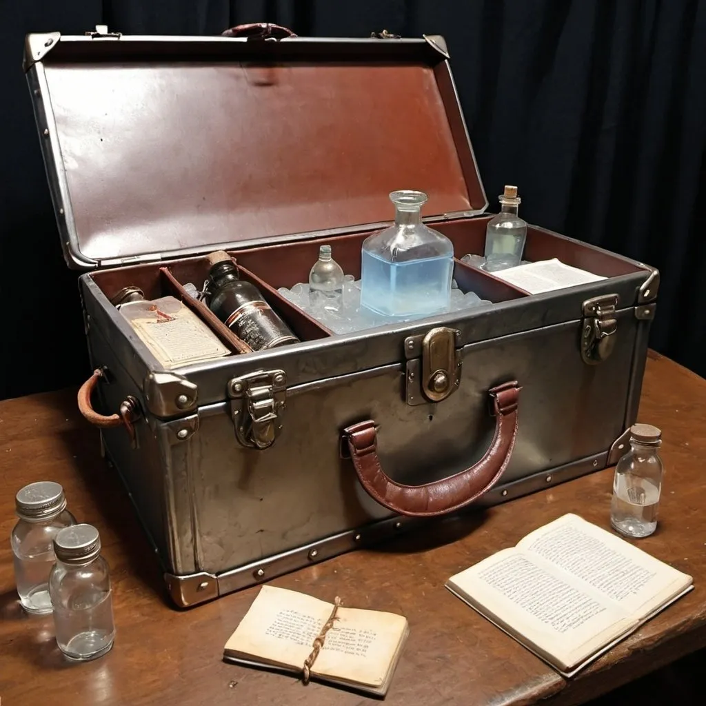 Prompt: metal briefcase of van helsing with holy water, etc
