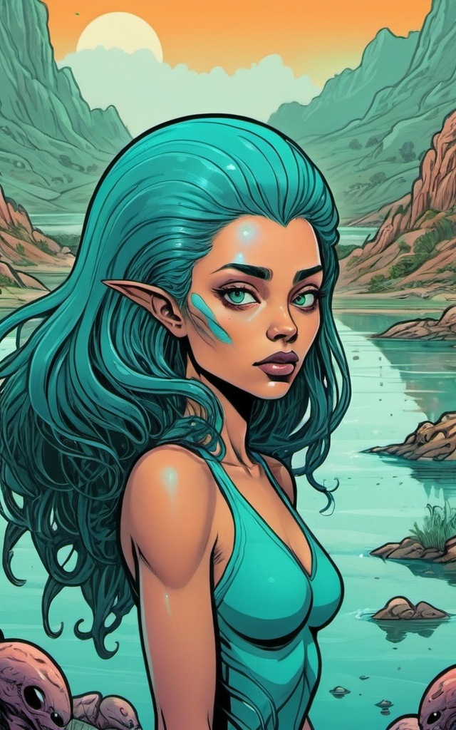 Prompt: Woman alien, teal skin, water hair, landfields, detailed, bright colors, dramatic, graphic novel illustration,  2d shaded retro comic book