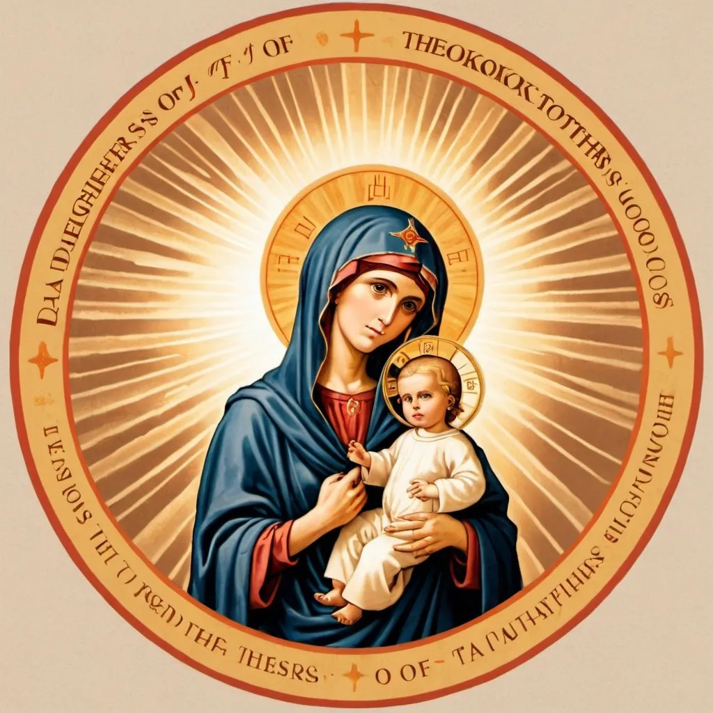 Prompt: Image of the Theotokos with sun rays on background.  Circle with logo, "Daughters of the Theotokos" in circle