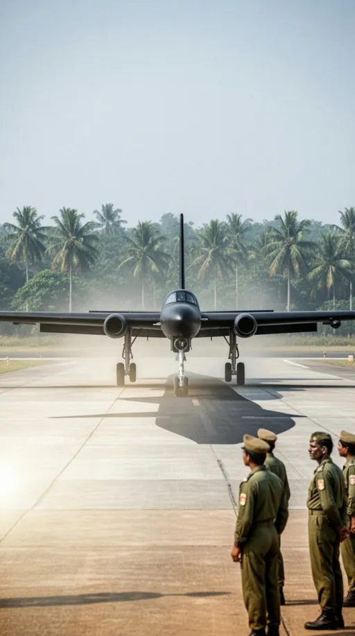 Prompt: On May 24, 1964, at the dusty and humid Charbatia Airfield in Odisha, India, a Lockheed U-2 spy plane is captured in a powerful low-angle shot as it begins its takeoff roll. The aircraft is a long, slender-winged machine with a matte black finish that absorbs the bright morning sunlight. Heat haze shimmers off the asphalt runway, blurring the distant line of tropical palm trees and dense green foliage that surrounds the military base. On the edge of the runway, ground crew members are visible, South Asian men in their late 20s wearing vintage 1960s olive-green military coveralls and side caps, watching the plane accelerate. The sky is a pale, hazy blue, typical of a hot Indian summer morning. The plane's unique bicycle-style landing gear is still firmly on the ground, and its massive wingspan stretches across the frame, casting a sharp, dark shadow on the light-grey concrete. The atmosphere is tense and filled with the invisible roar of the jet engine.