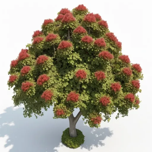 Prompt: bush type: Physocarpus opulifolius Lady in Red,shrubs with palmately lobed leaves,  serrated foliage and corymbs of small flowers, Upside down top view of tree top view of the tree, 2 meters length 1 meter width, photorealism, white background, single object 