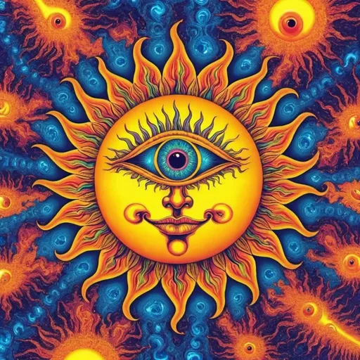 Prompt: trippy sun with one eye on acid trip

