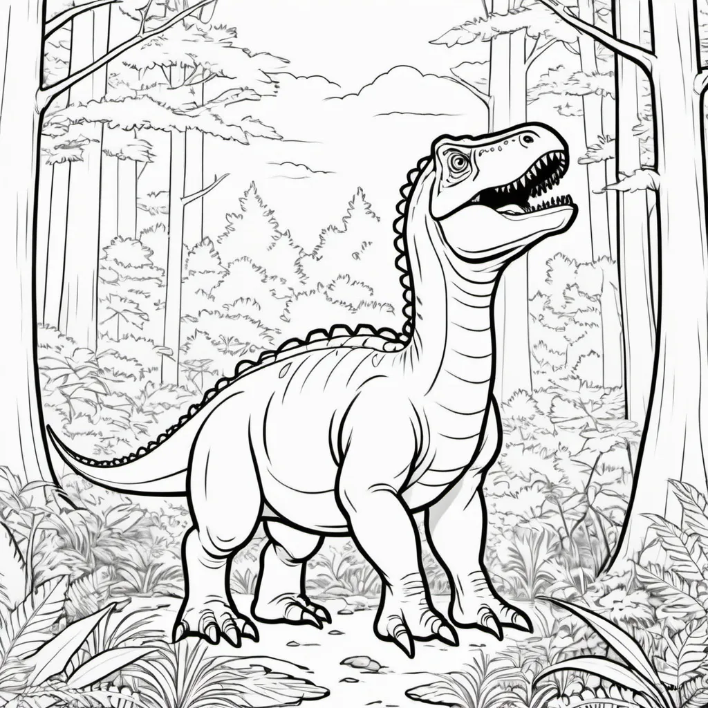 Prompt: a outline image that can be colored in for a coloring book, image should be a dinosaur in the forest.