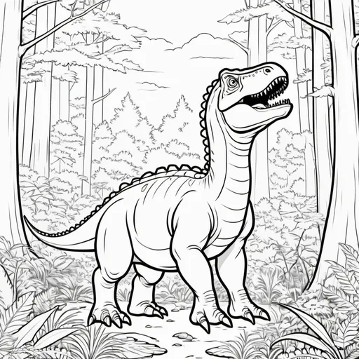 Prompt: a outline image that can be colored in for a coloring book, image should be a dinosaur in the forest.