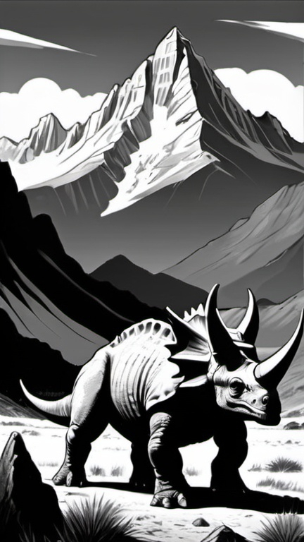 Prompt: Imagine a scene, drawn in black and white.  In the foreground, there is a Triceratops. In the distance, there are mountains with jagged peaks