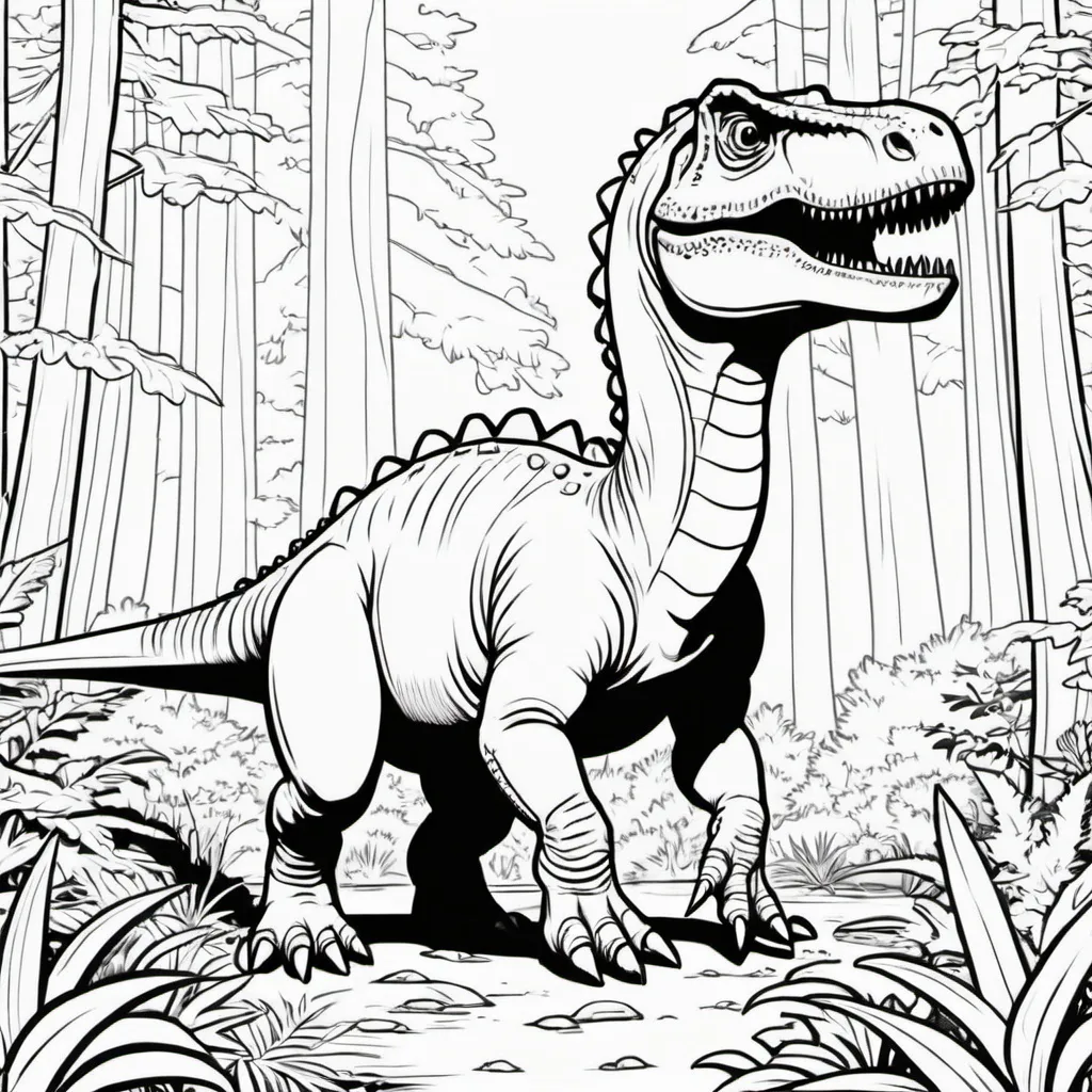 Prompt: a outline image that can be colored in for a coloring book, image should be a dinosaur in the forest.