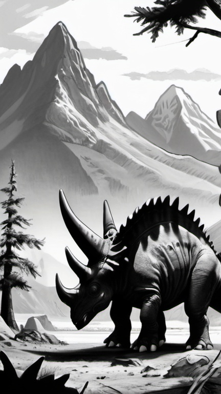 Prompt: Imagine a scene, drawn in black and white.  In the foreground, there is a Triceratops. In the distance, there are mountains with jagged peaks